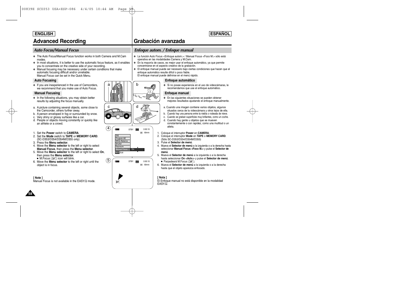 Advanced recording, Grabación avanzada | Samsung SC-D353-XAP User Manual | Page 58 / 122