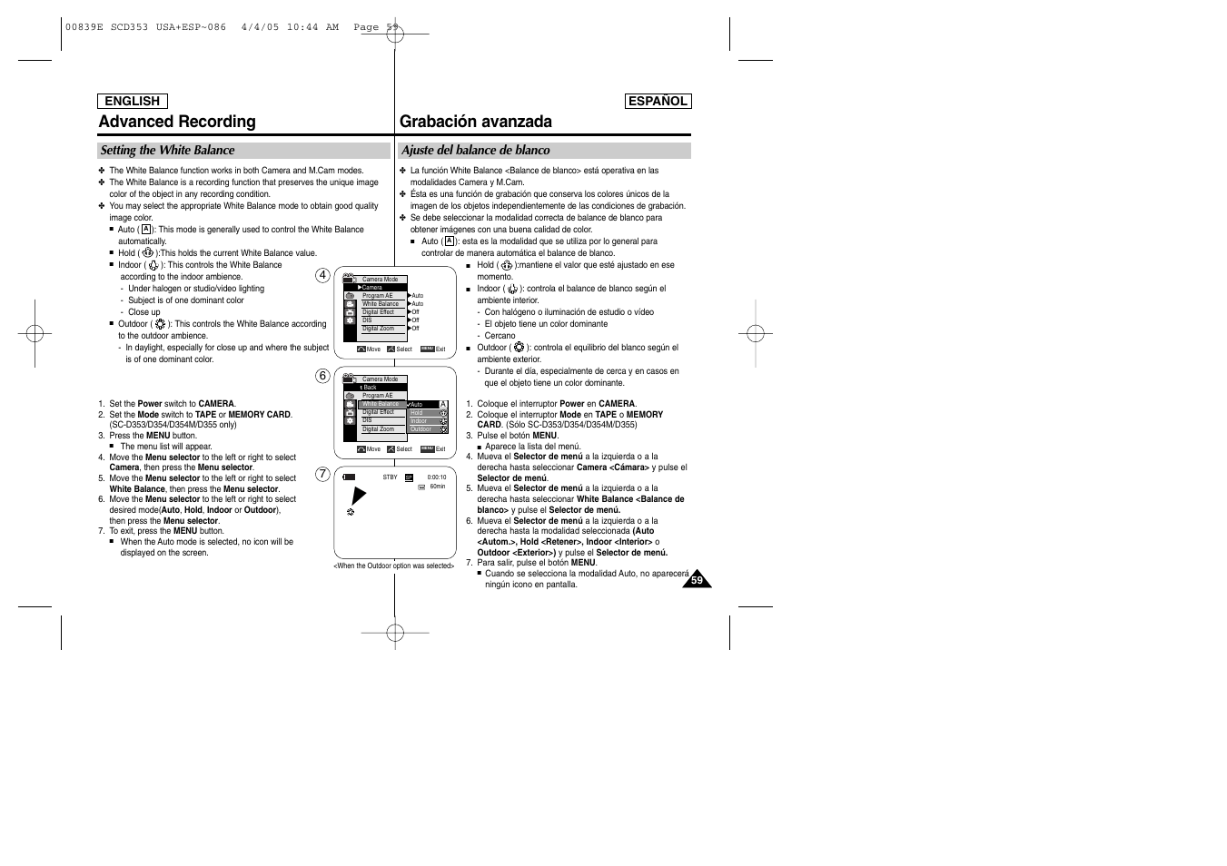 Advanced recording, Grabación avanzada, Setting the white balance | Ajuste del balance de blanco | Samsung SC-D353-XAP User Manual | Page 59 / 122
