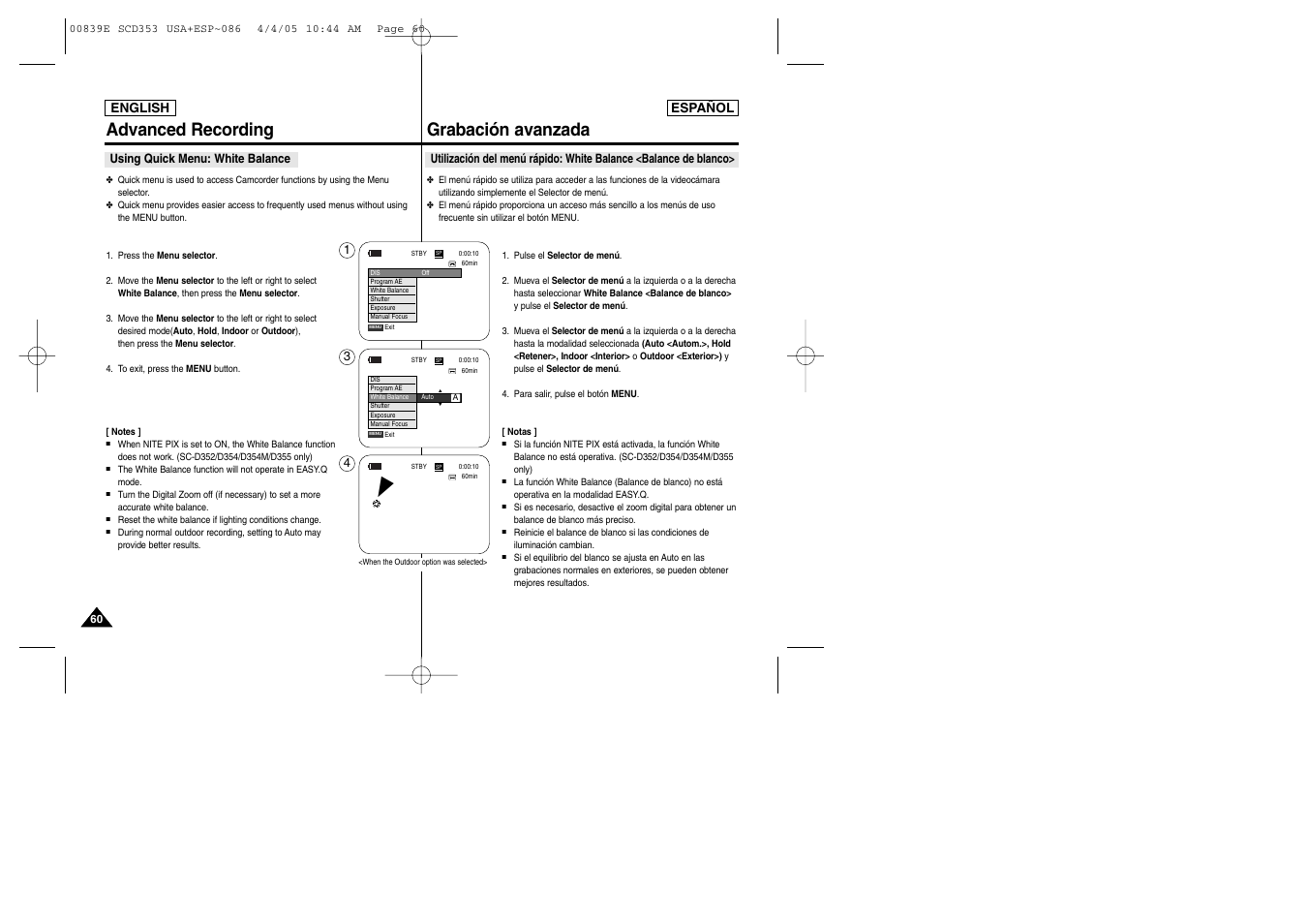 Advanced recording, Grabación avanzada | Samsung SC-D353-XAP User Manual | Page 60 / 122