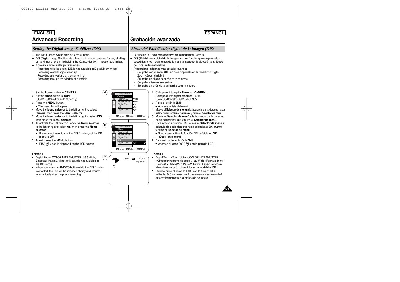 Advanced recording, Grabación avanzada, Setting the digital image stabilizer (dis) | Samsung SC-D353-XAP User Manual | Page 61 / 122