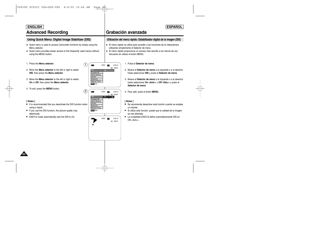 Advanced recording, Grabación avanzada | Samsung SC-D353-XAP User Manual | Page 62 / 122