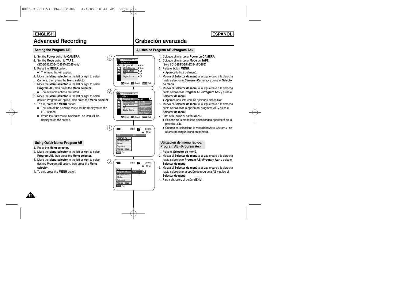 Advanced recording, Grabación avanzada | Samsung SC-D353-XAP User Manual | Page 64 / 122