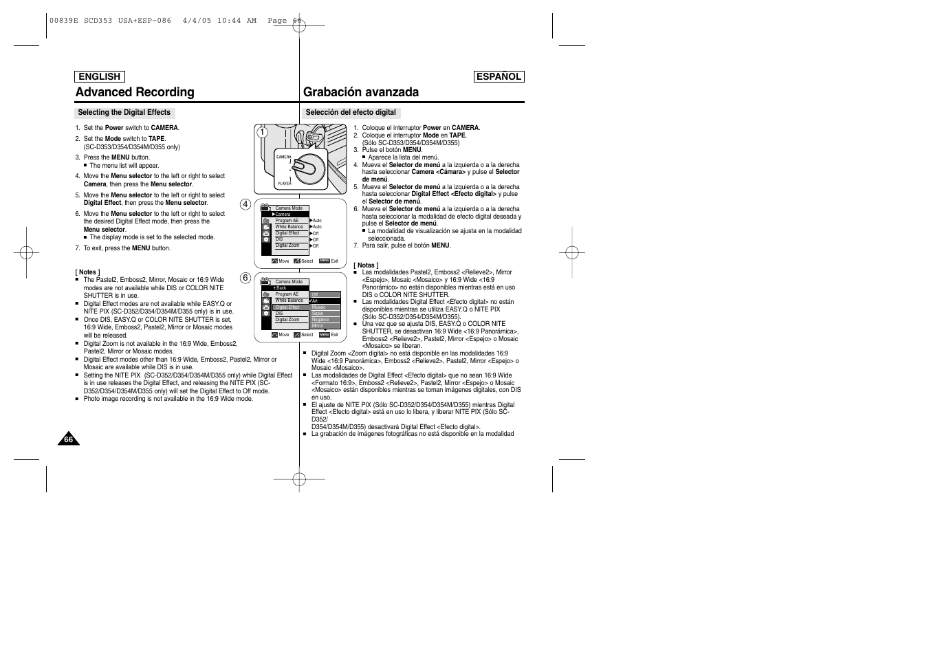 Advanced recording, Grabación avanzada | Samsung SC-D353-XAP User Manual | Page 66 / 122