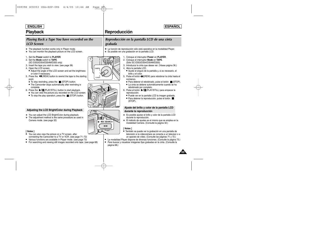 Playback, Reproducción | Samsung SC-D353-XAP User Manual | Page 69 / 122