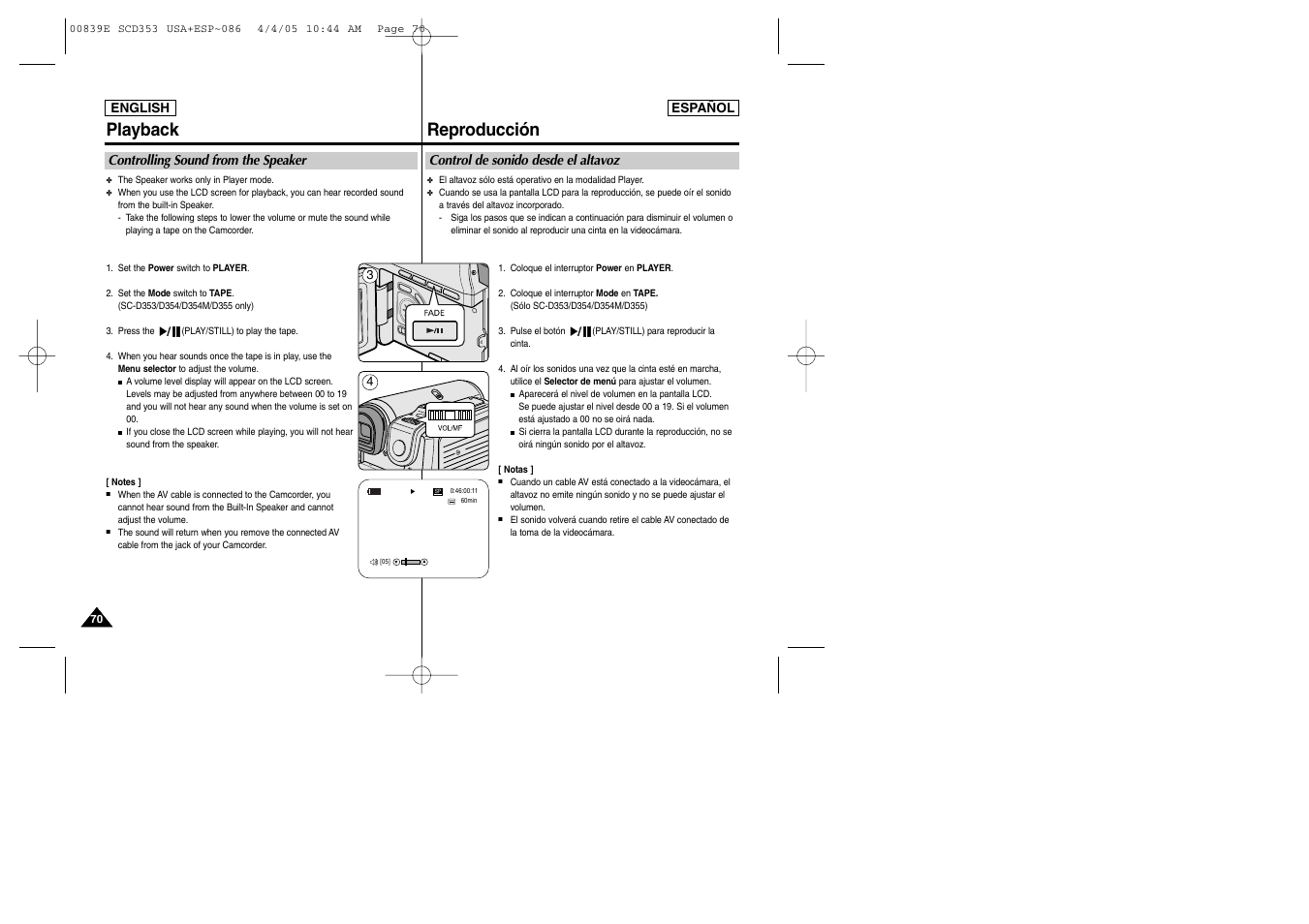 Playback, Reproducción | Samsung SC-D353-XAP User Manual | Page 70 / 122