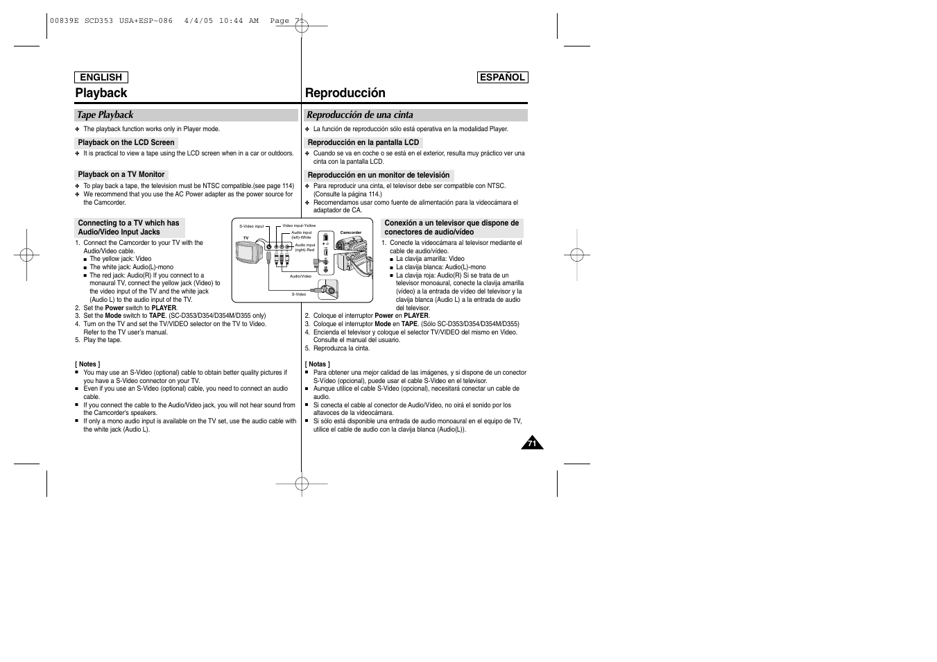 Playback, Reproducción, Tape playback | Reproducción de una cinta | Samsung SC-D353-XAP User Manual | Page 71 / 122