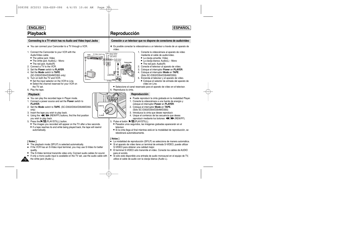 Playback, Reproducción | Samsung SC-D353-XAP User Manual | Page 72 / 122