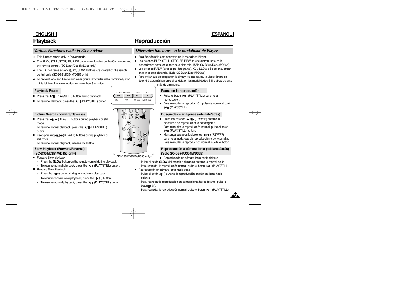 Playback, Reproducción | Samsung SC-D353-XAP User Manual | Page 73 / 122