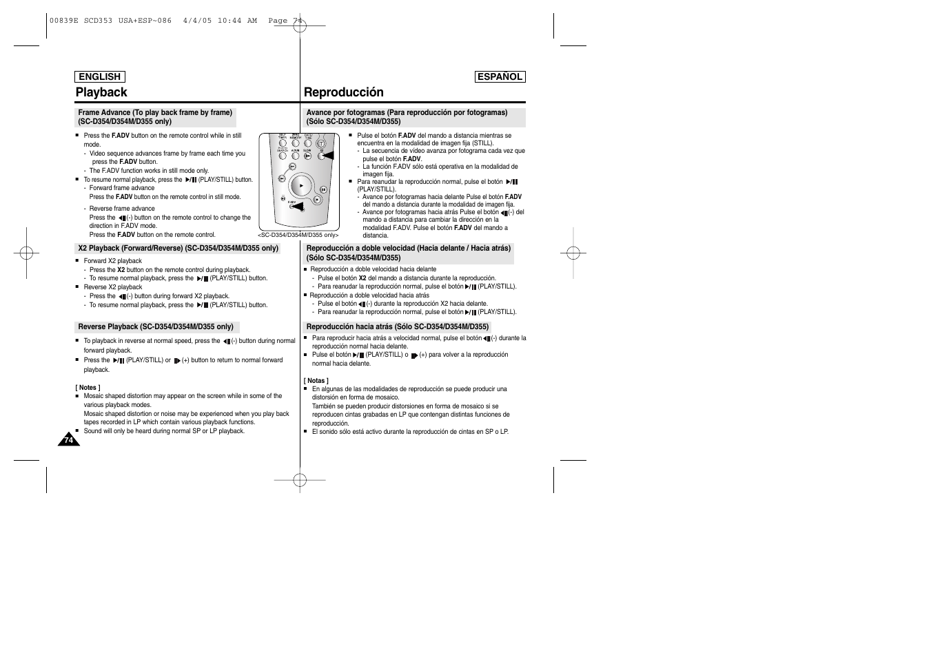Playback, Reproducción | Samsung SC-D353-XAP User Manual | Page 74 / 122