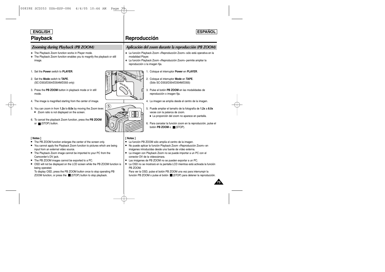 Playback, Reproducción | Samsung SC-D353-XAP User Manual | Page 75 / 122