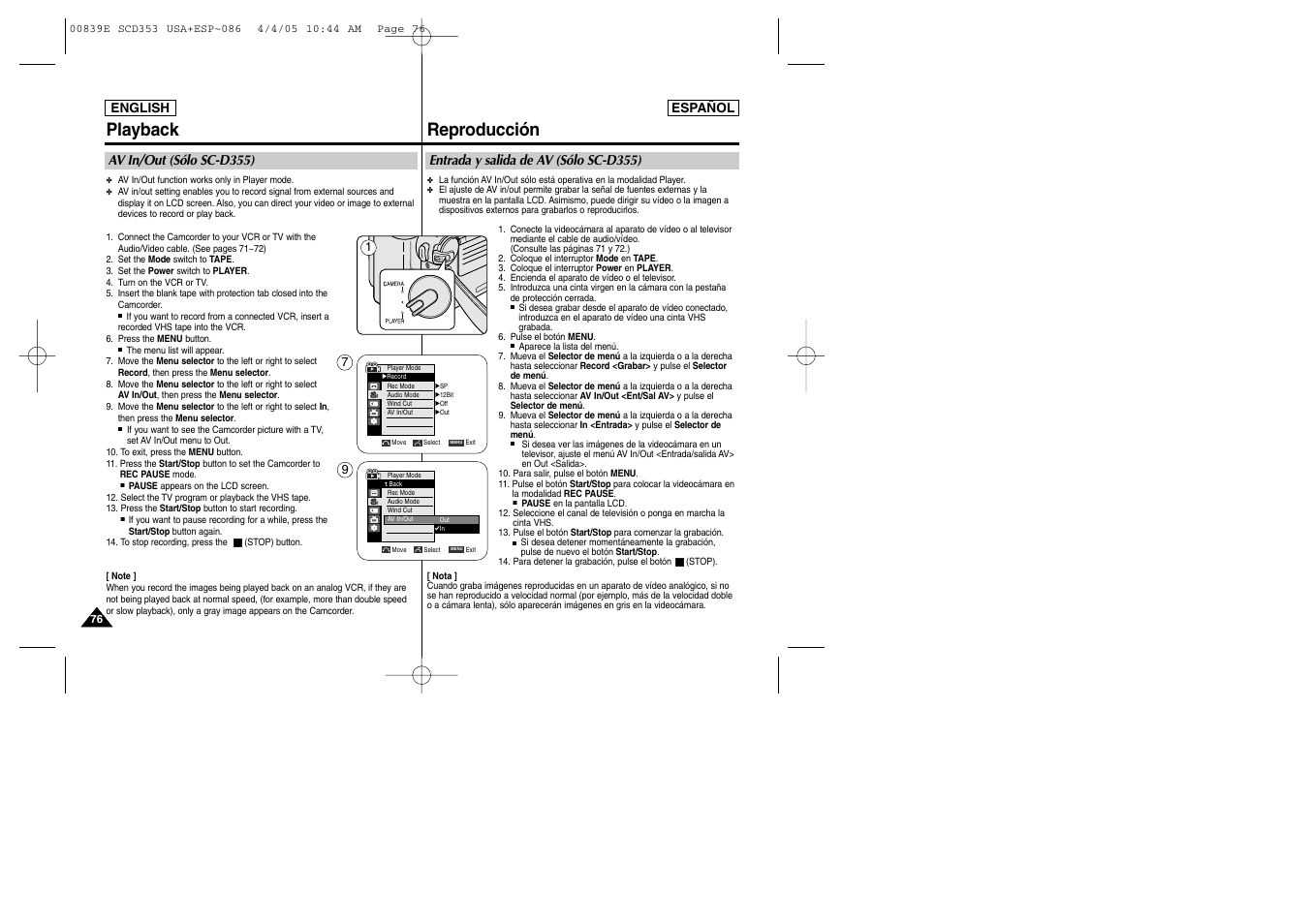 Playback, Reproducción | Samsung SC-D353-XAP User Manual | Page 76 / 122