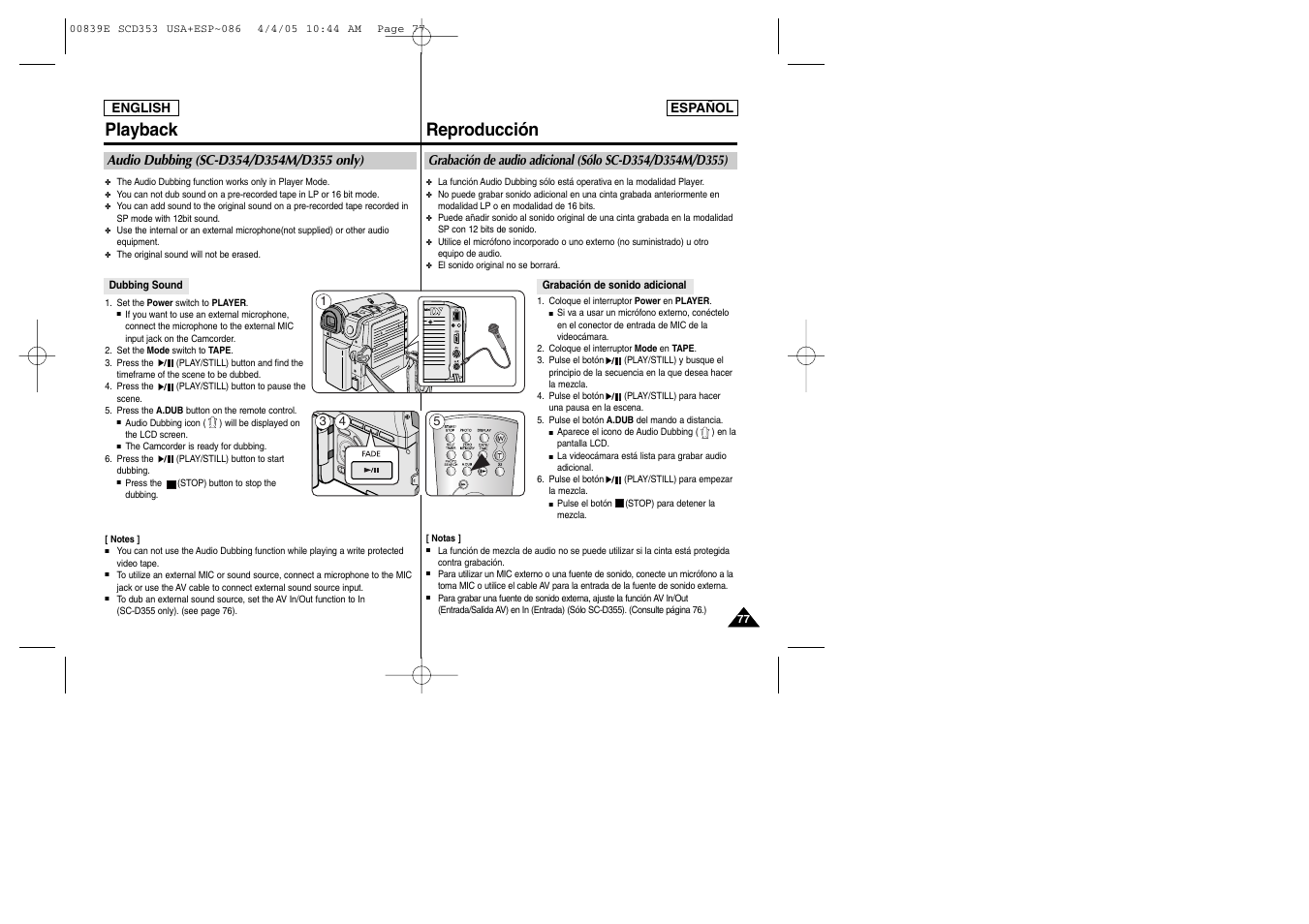 Dv usb av mic, Playback, Reproducción | Samsung SC-D353-XAP User Manual | Page 77 / 122