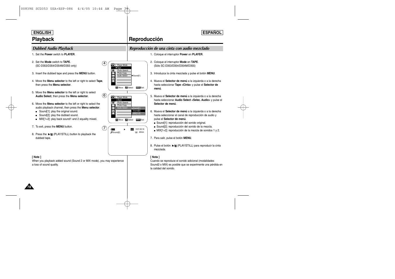 Playback, Reproducción, Dubbed audio playback | Reproducción de una cinta con audio mezclado | Samsung SC-D353-XAP User Manual | Page 78 / 122