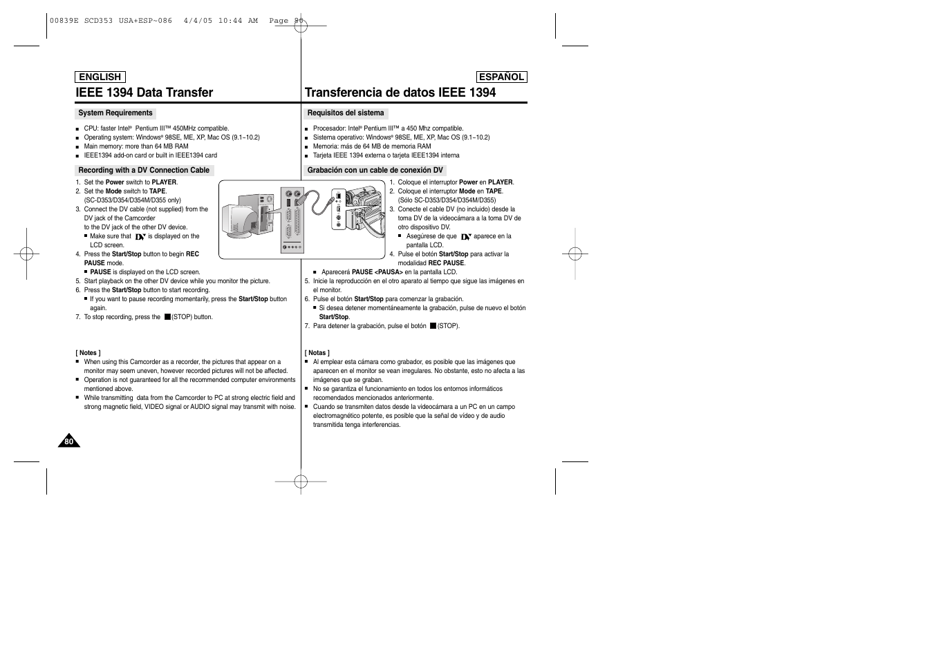 Dv usb av mic dv usb av mic, Ieee 1394 data transfer, Transferencia de datos ieee 1394 | Samsung SC-D353-XAP User Manual | Page 80 / 122