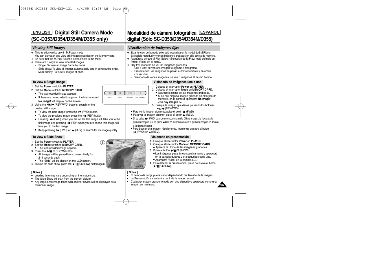 Viewing still images, Visualización de imágenes fijas | Samsung SC-D353-XAP User Manual | Page 95 / 122