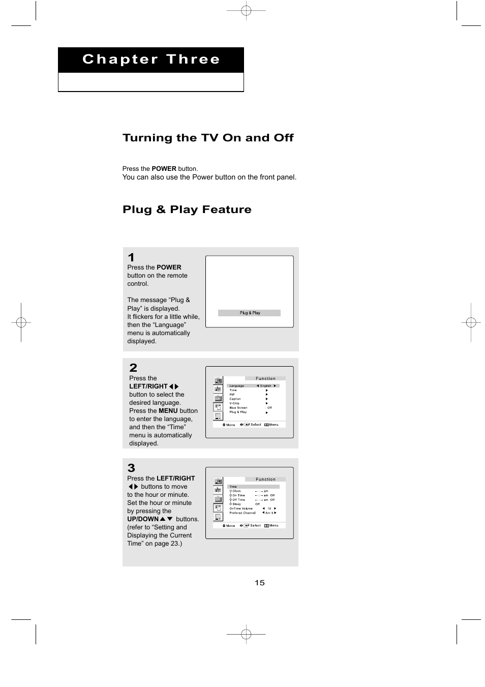 Turning the tv on and off, Plug & play feature | Samsung LTN226WX-XAC User Manual | Page 23 / 72