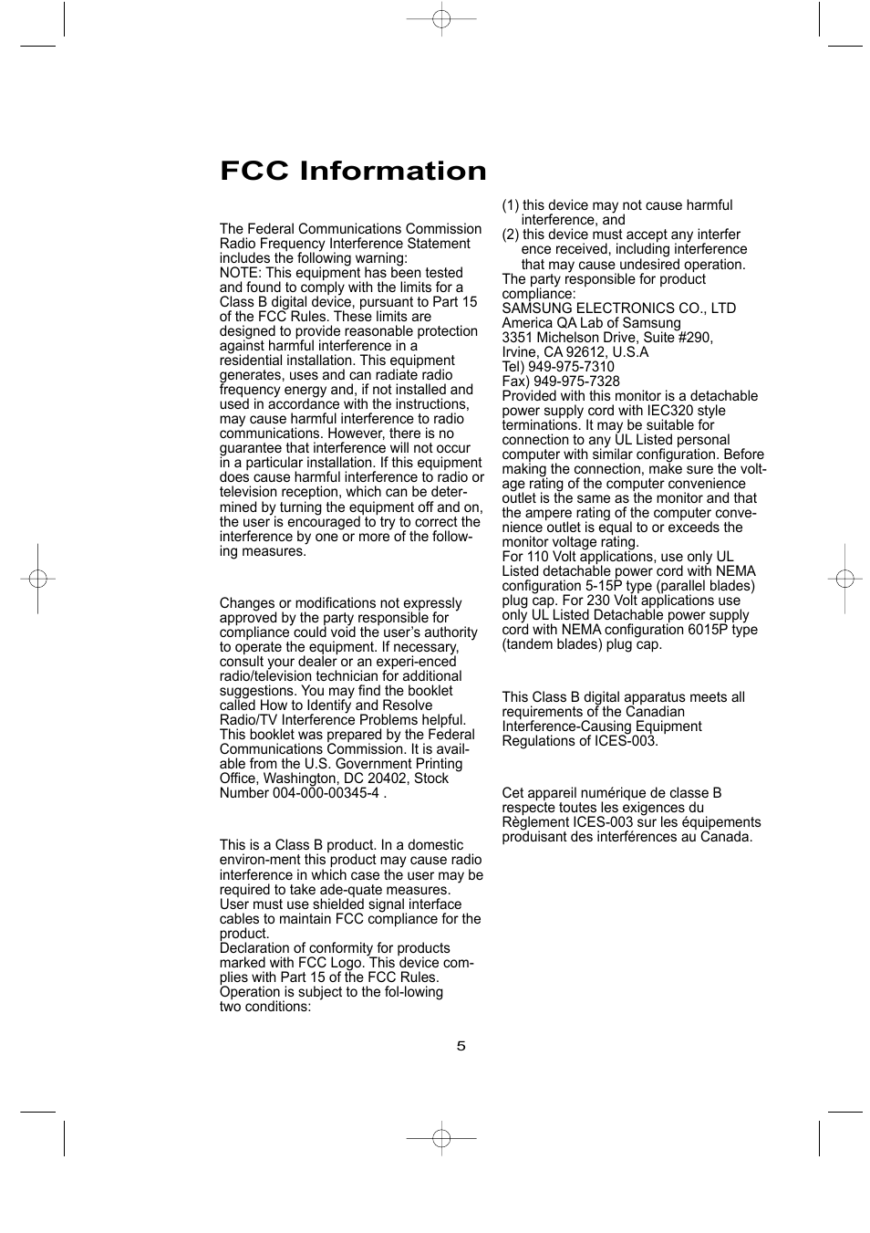 Fcc information | Samsung LTN226WX-XAC User Manual | Page 6 / 72