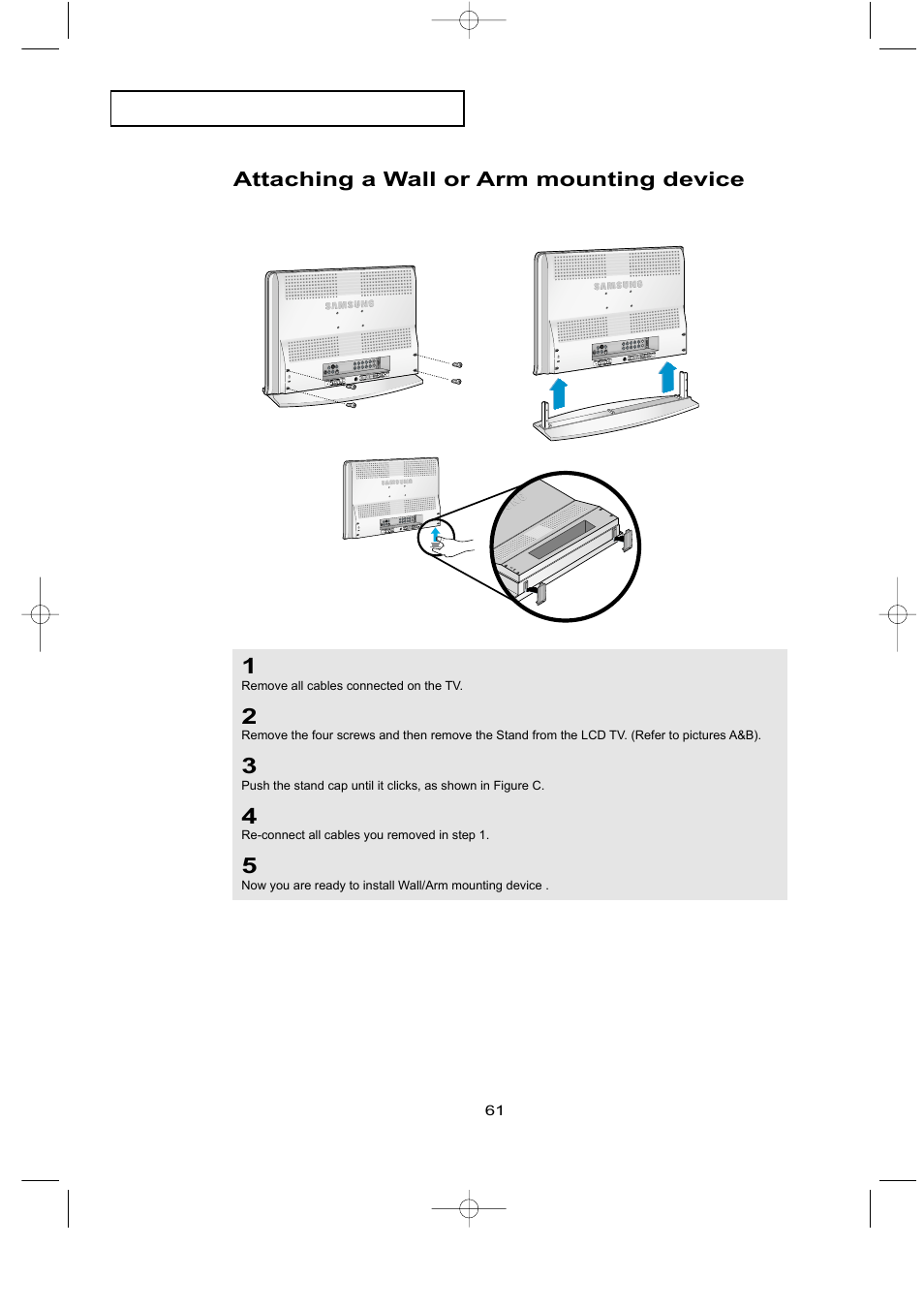 Attaching a wall or arm mounting device | Samsung LTN226WX-XAC User Manual | Page 69 / 72