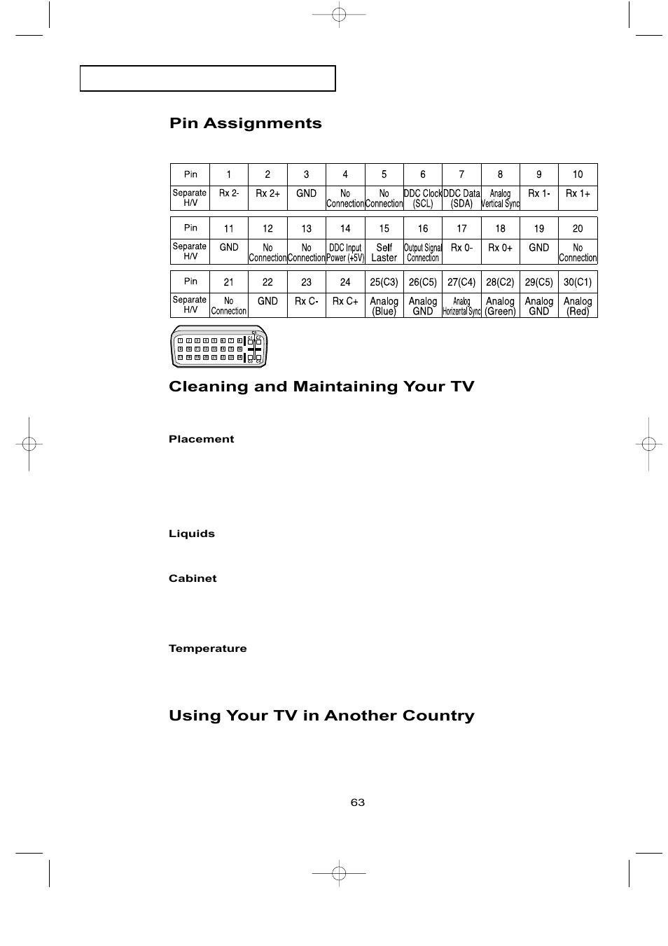 Pin assignments, Cleaning and maintaining your tv, Using your tv in another country | Samsung LTN226WX-XAC User Manual | Page 71 / 72