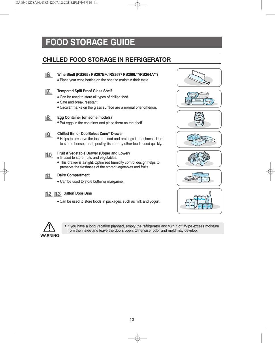 Food storage guide, Chilled food storage in refrigerator | Samsung RS267LBSH-XAA User Manual | Page 10 / 32