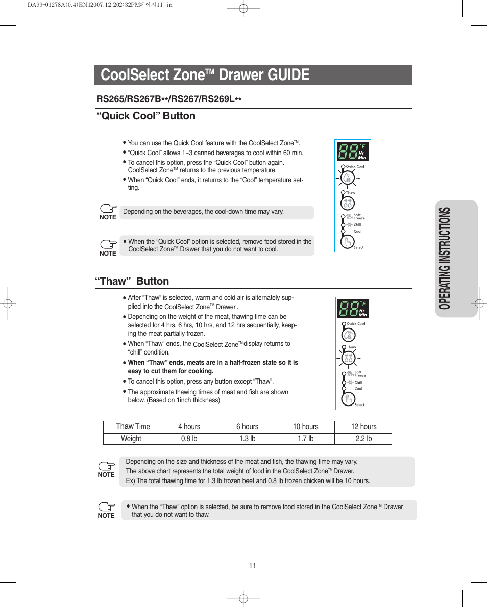 Coolselect zonetm drawer guide, Coolselect zone, Drawer guide | Opera ting instr uctions, Quick cool” button, Thaw” button | Samsung RS267LBSH-XAA User Manual | Page 11 / 32