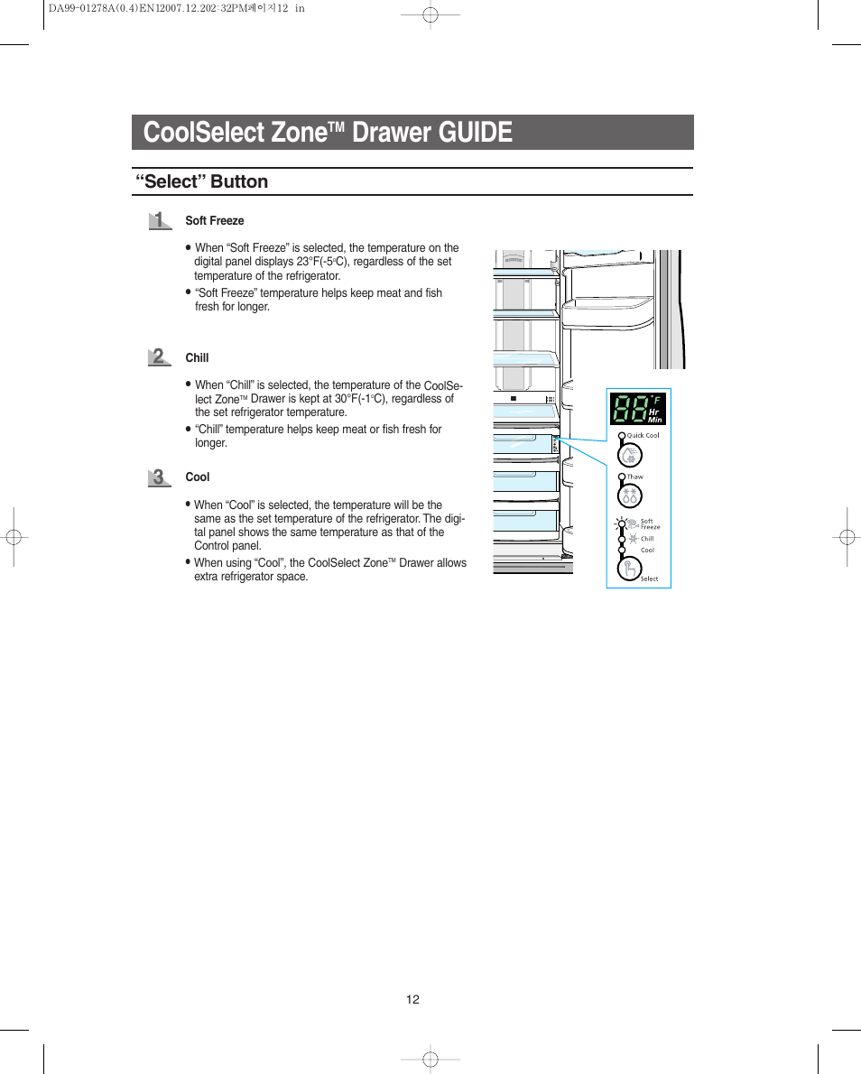 Coolselect zone, Drawer guide, Select” button | Samsung RS267LBSH-XAA User Manual | Page 12 / 32