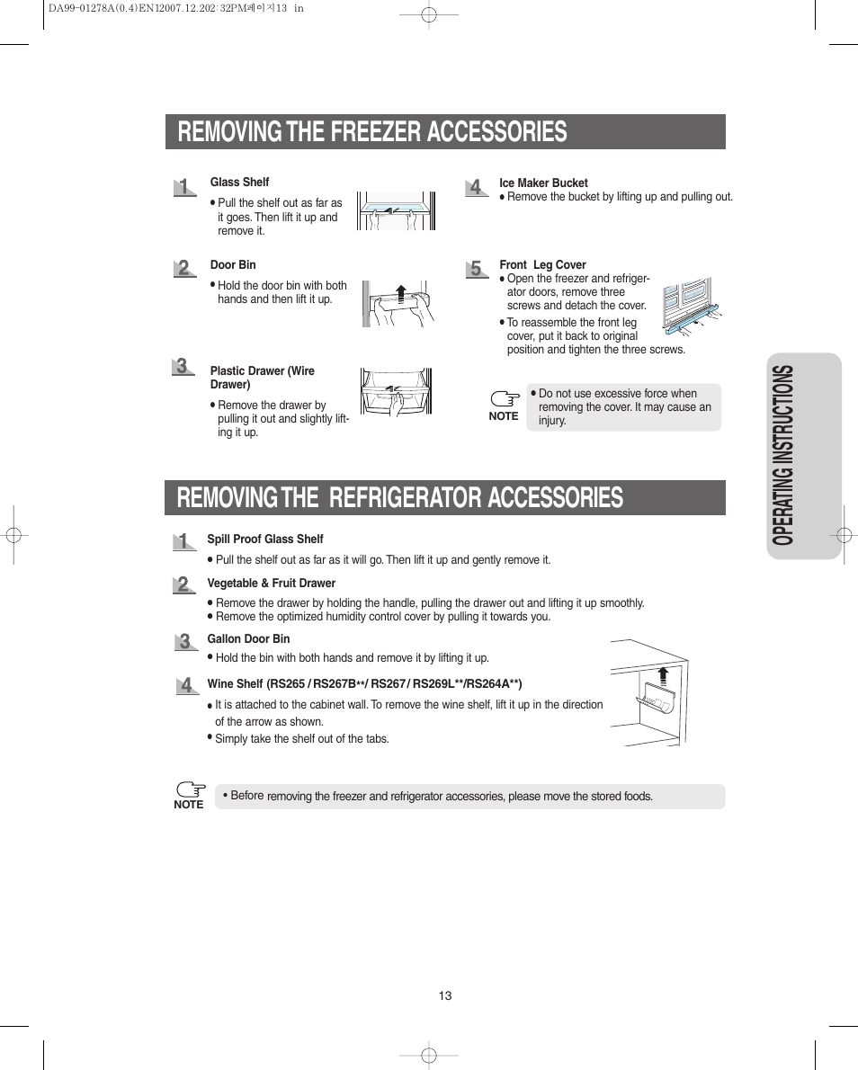 Removing the freezer accessories, Removing the refrigerator accessories, Opera ting instr uctions | Samsung RS267LBSH-XAA User Manual | Page 13 / 32