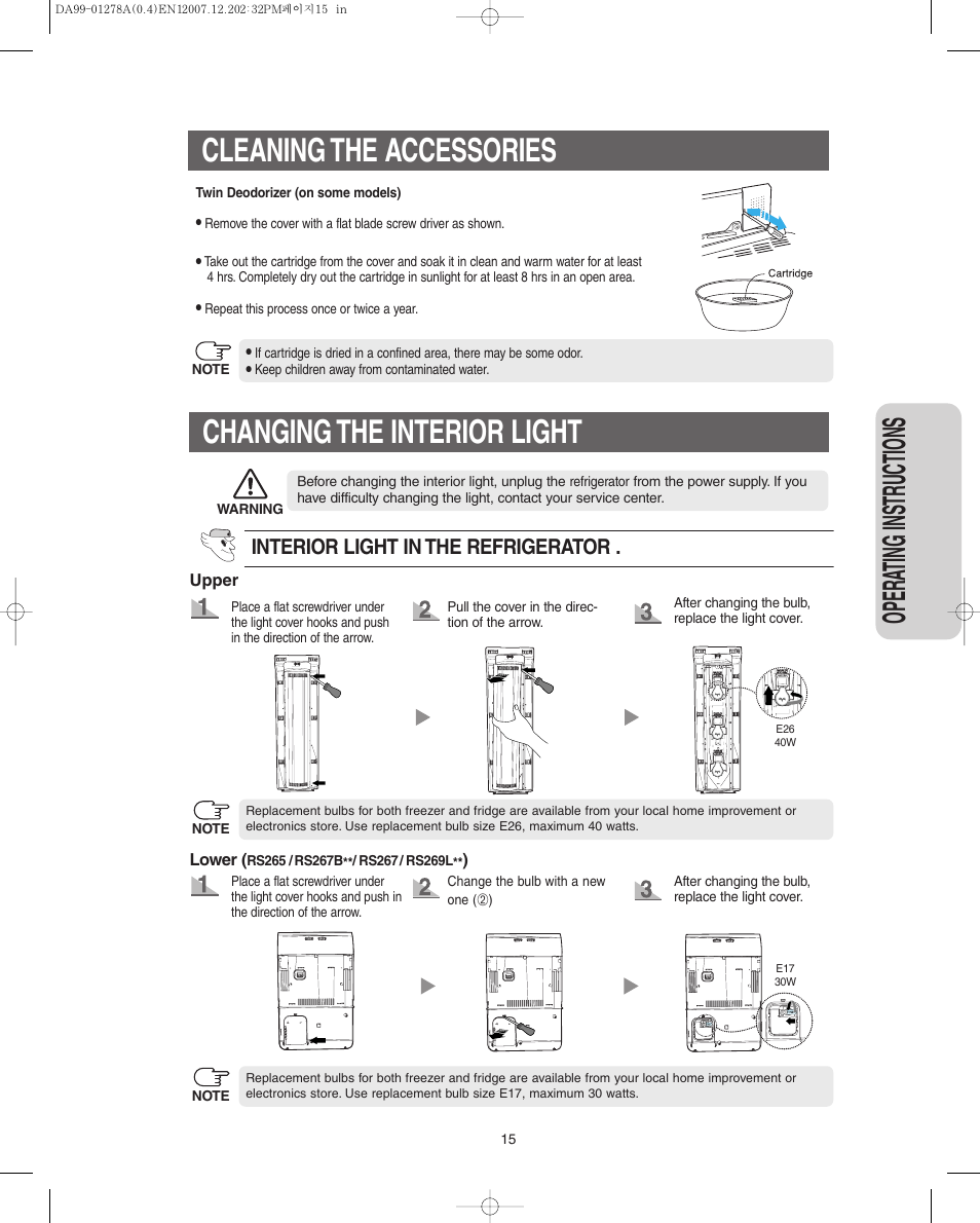 Changing the interior light, Cleaning the accessories, Opera ting instr uctions | Interior light in the refrigerator | Samsung RS267LBSH-XAA User Manual | Page 15 / 32