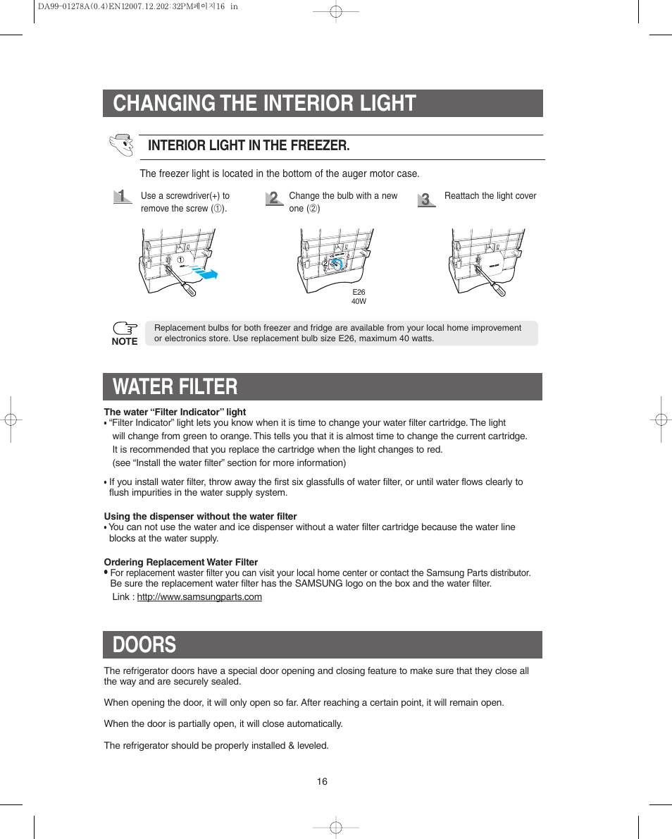 Water filter, Doors, Changing the interior light | Interior light in the freezer | Samsung RS267LBSH-XAA User Manual | Page 16 / 32