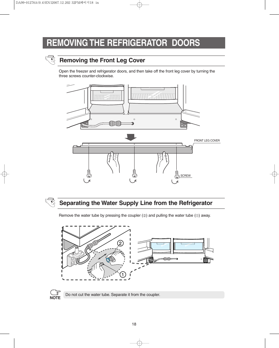 Removing the refrigerator doors | Samsung RS267LBSH-XAA User Manual | Page 18 / 32