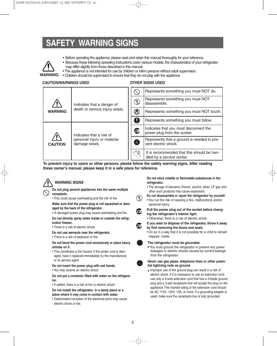 Safety warning signs | Samsung RS267LBSH-XAA User Manual | Page 2 / 32