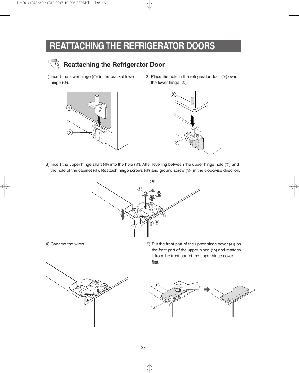 Reattaching the refrigerator doors, Reattaching the refrigerator door | Samsung RS267LBSH-XAA User Manual | Page 22 / 32
