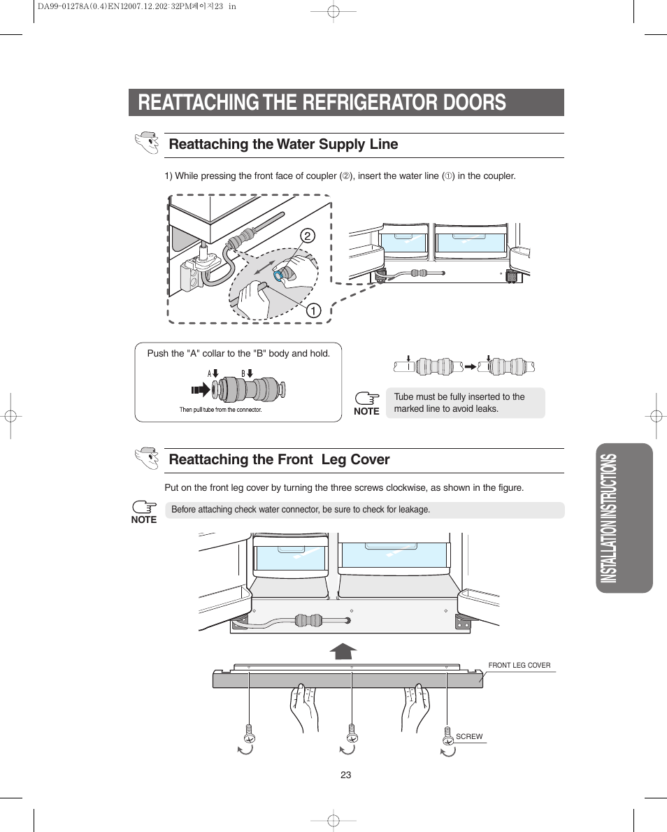 Reattaching the refrigerator doors, Inst alla tion instr uctions | Samsung RS267LBSH-XAA User Manual | Page 23 / 32