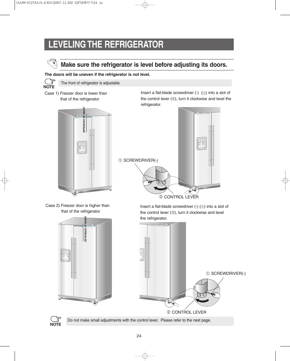 Leveling the refrigerator | Samsung RS267LBSH-XAA User Manual | Page 24 / 32