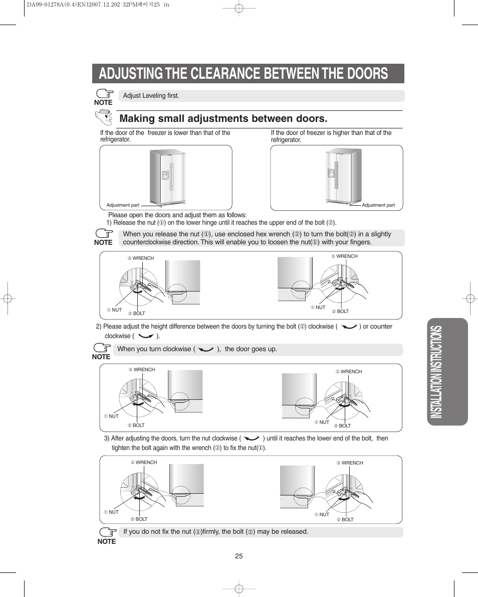 Adjusting the clearance between the doors, Inst alla tion instr uctions, Making small adjustments between doors | Samsung RS267LBSH-XAA User Manual | Page 25 / 32