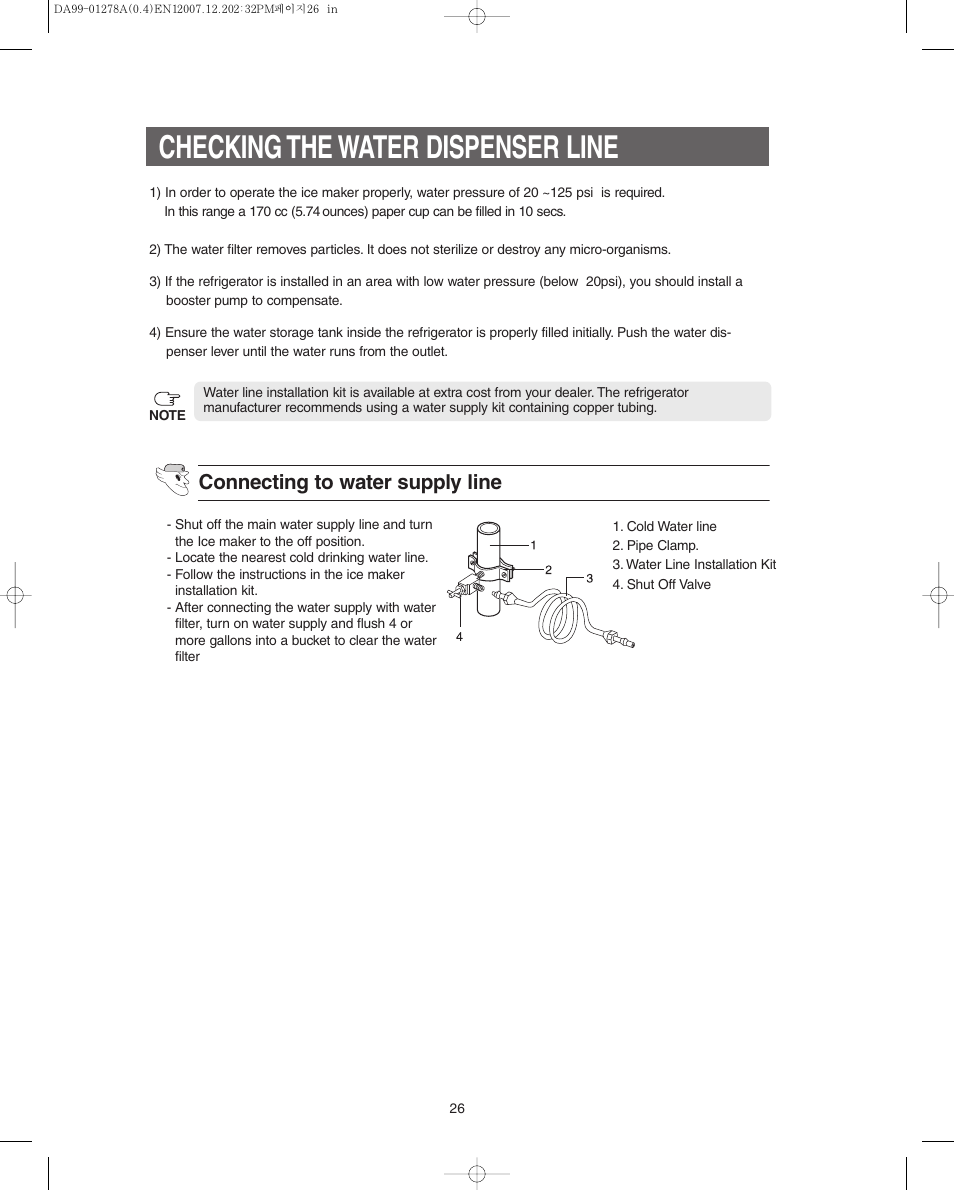 Checking the water dispenser line, Connecting to water supply line | Samsung RS267LBSH-XAA User Manual | Page 26 / 32
