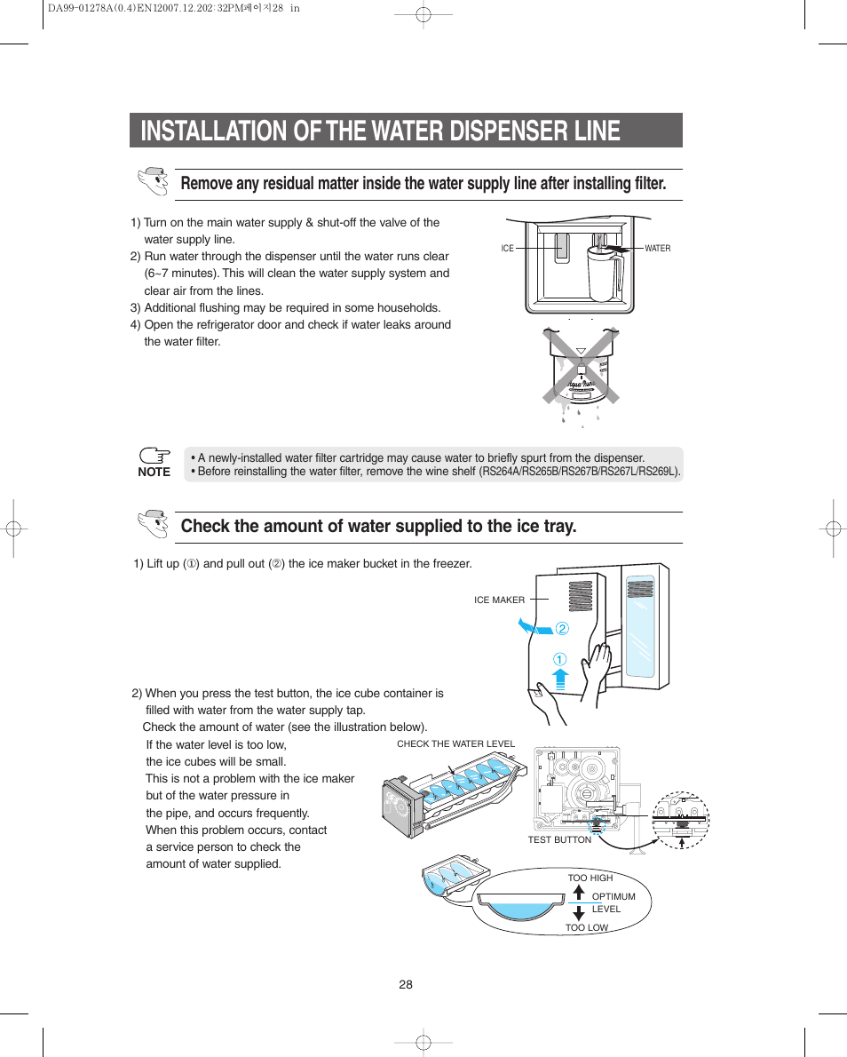 Installation of the water dispenser line | Samsung RS267LBSH-XAA User Manual | Page 28 / 32