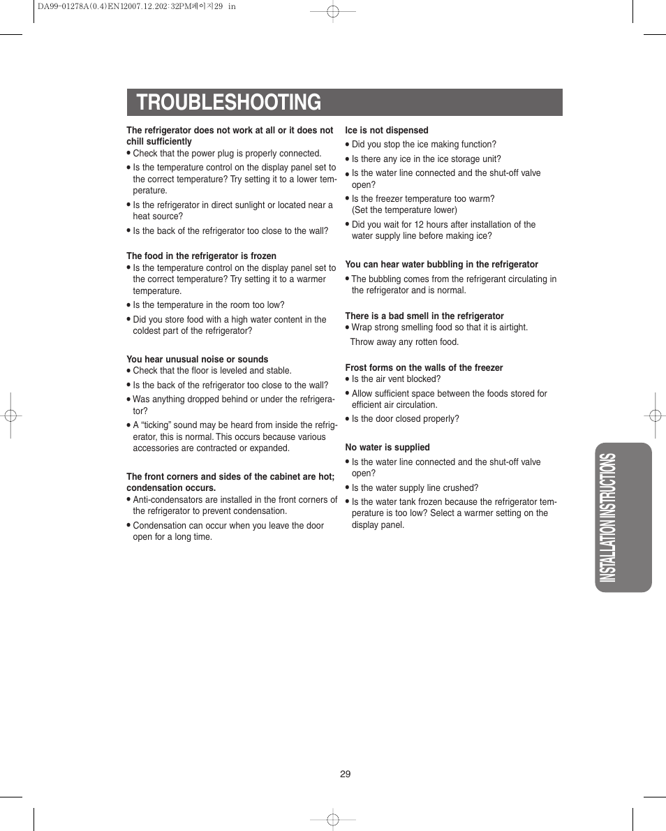 Troubleshooting, Inst alla tion instr uctions | Samsung RS267LBSH-XAA User Manual | Page 29 / 32