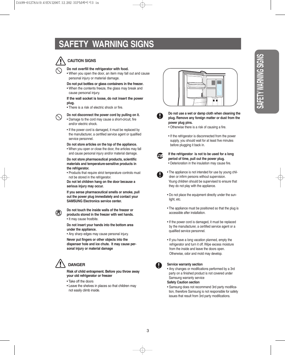 Safety w arning signs safety warning signs | Samsung RS267LBSH-XAA User Manual | Page 3 / 32