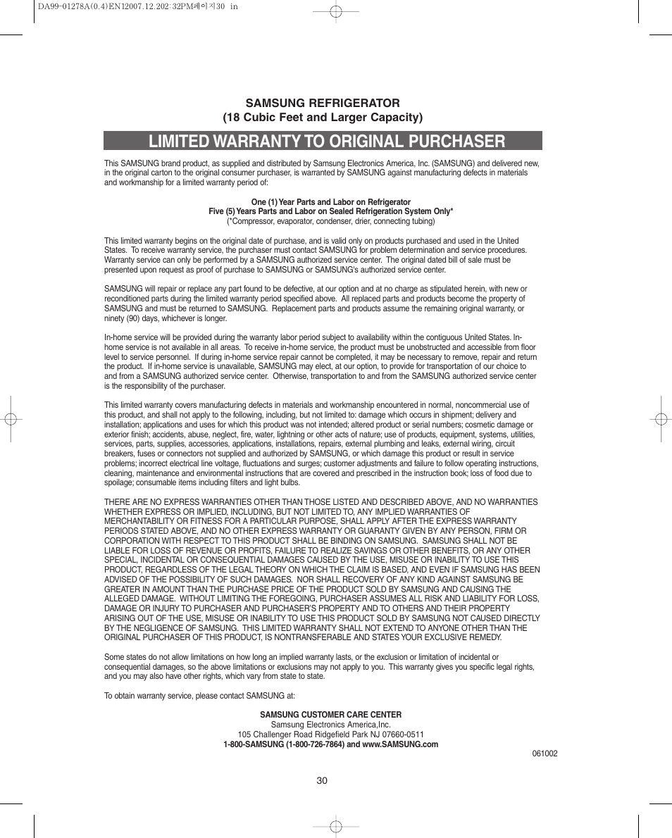 Limited warranty to original purchaser | Samsung RS267LBSH-XAA User Manual | Page 30 / 32