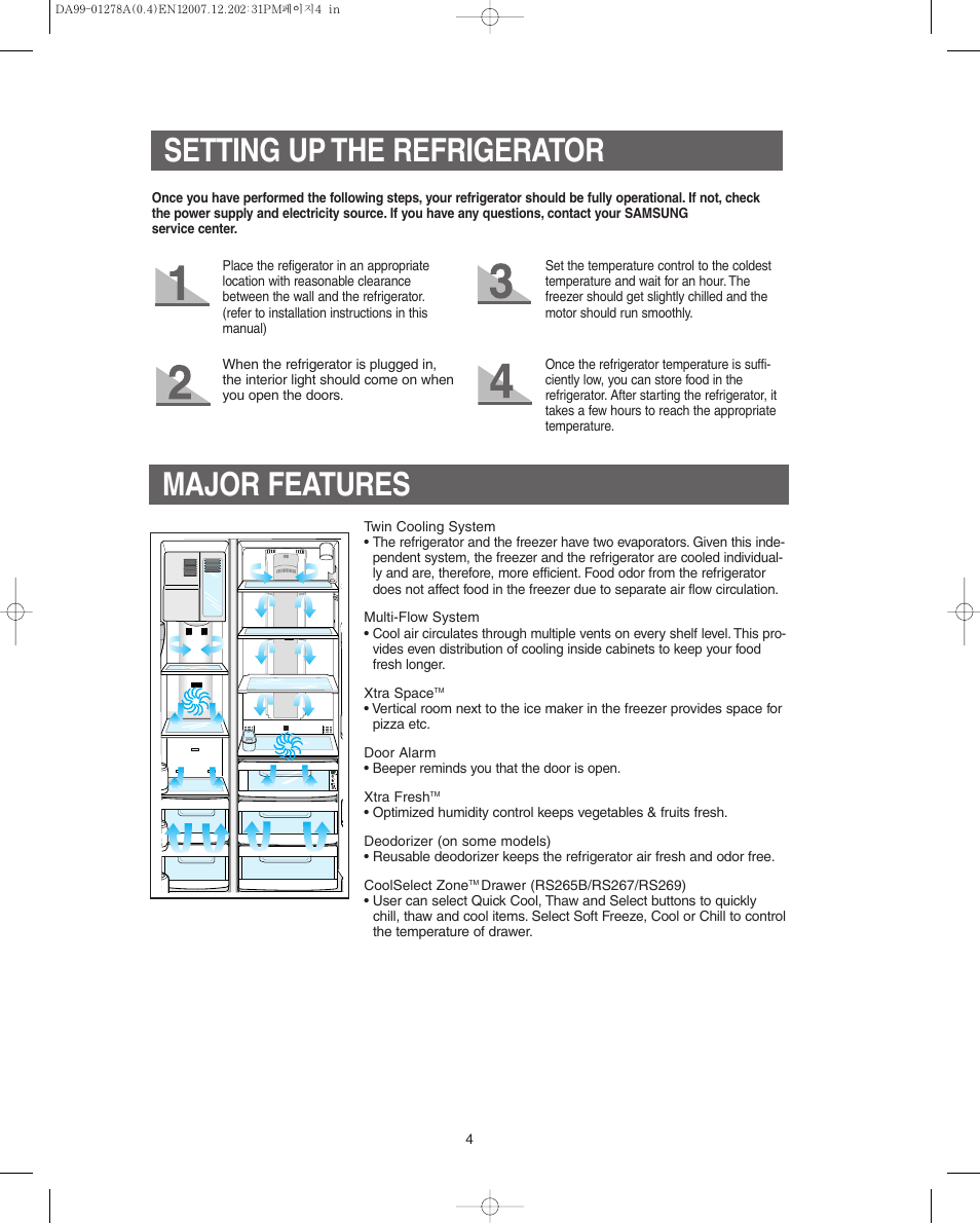 Setting up the refrigerator, Major features | Samsung RS267LBSH-XAA User Manual | Page 4 / 32