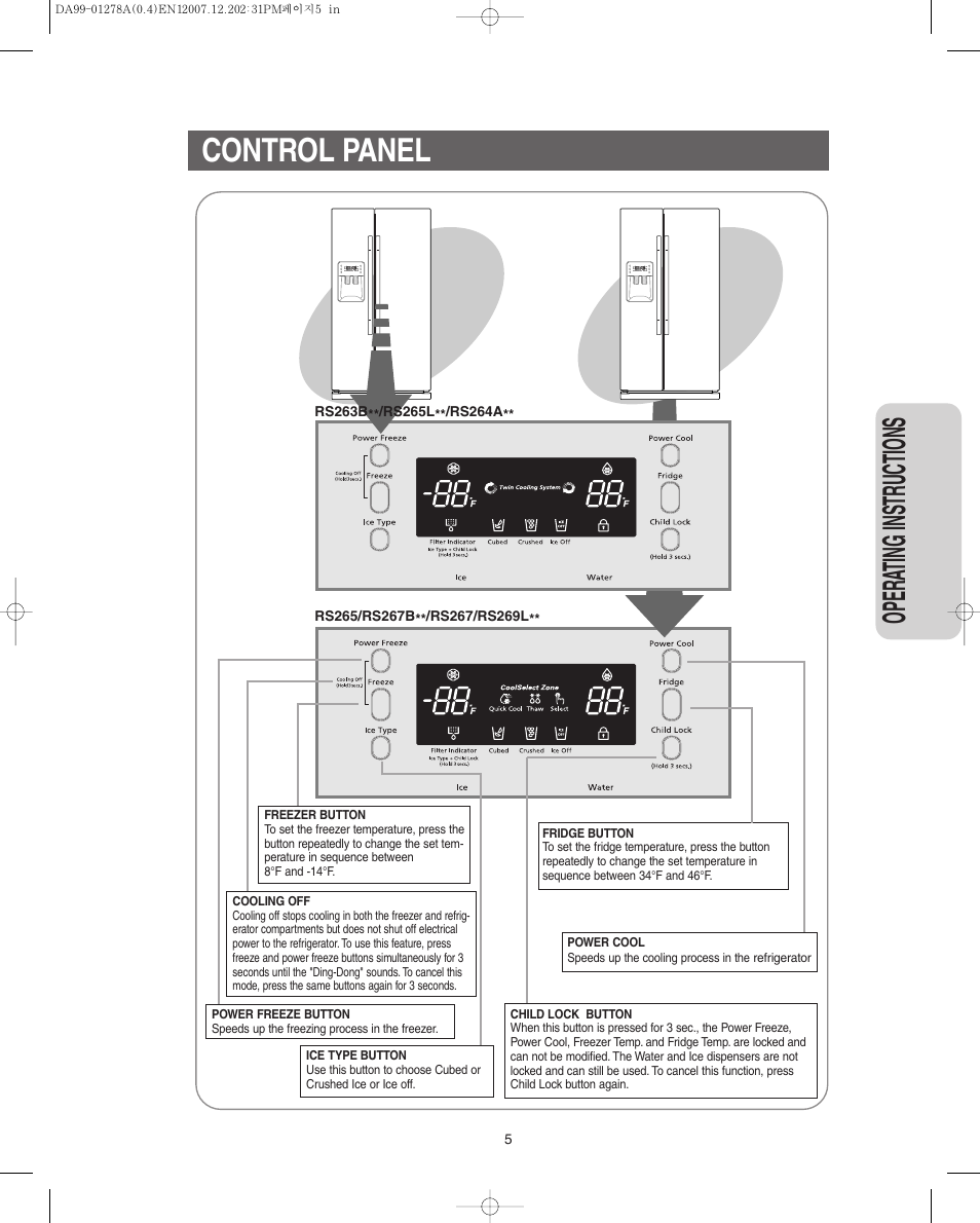 Control panel, Opera ting instr uctions | Samsung RS267LBSH-XAA User Manual | Page 5 / 32