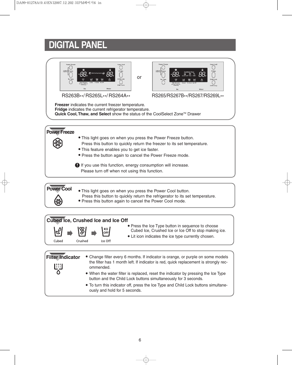 Digital panel | Samsung RS267LBSH-XAA User Manual | Page 6 / 32