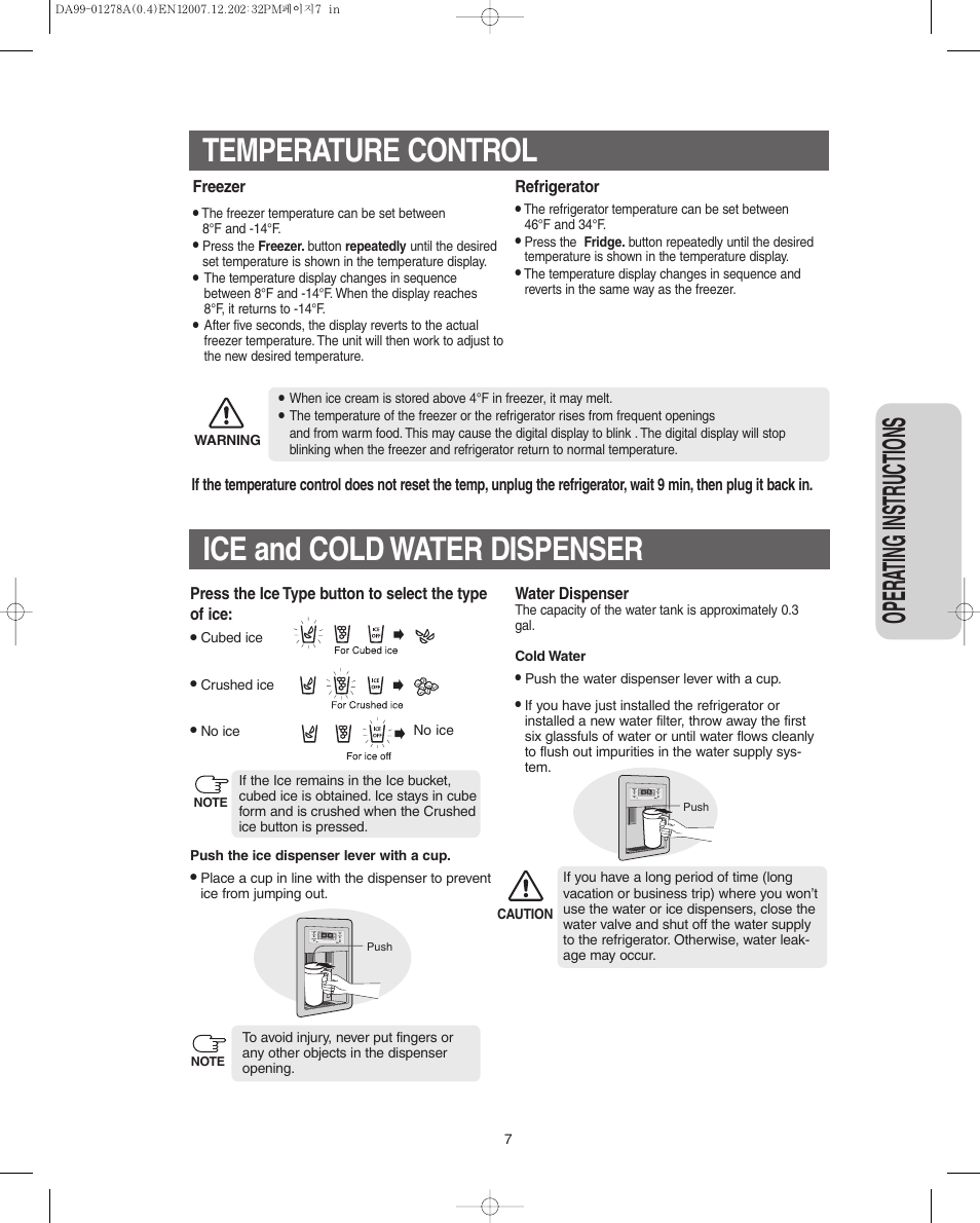 Temperature control, Ice and cold water dispenser, Opera ting instr uctions | Samsung RS267LBSH-XAA User Manual | Page 7 / 32