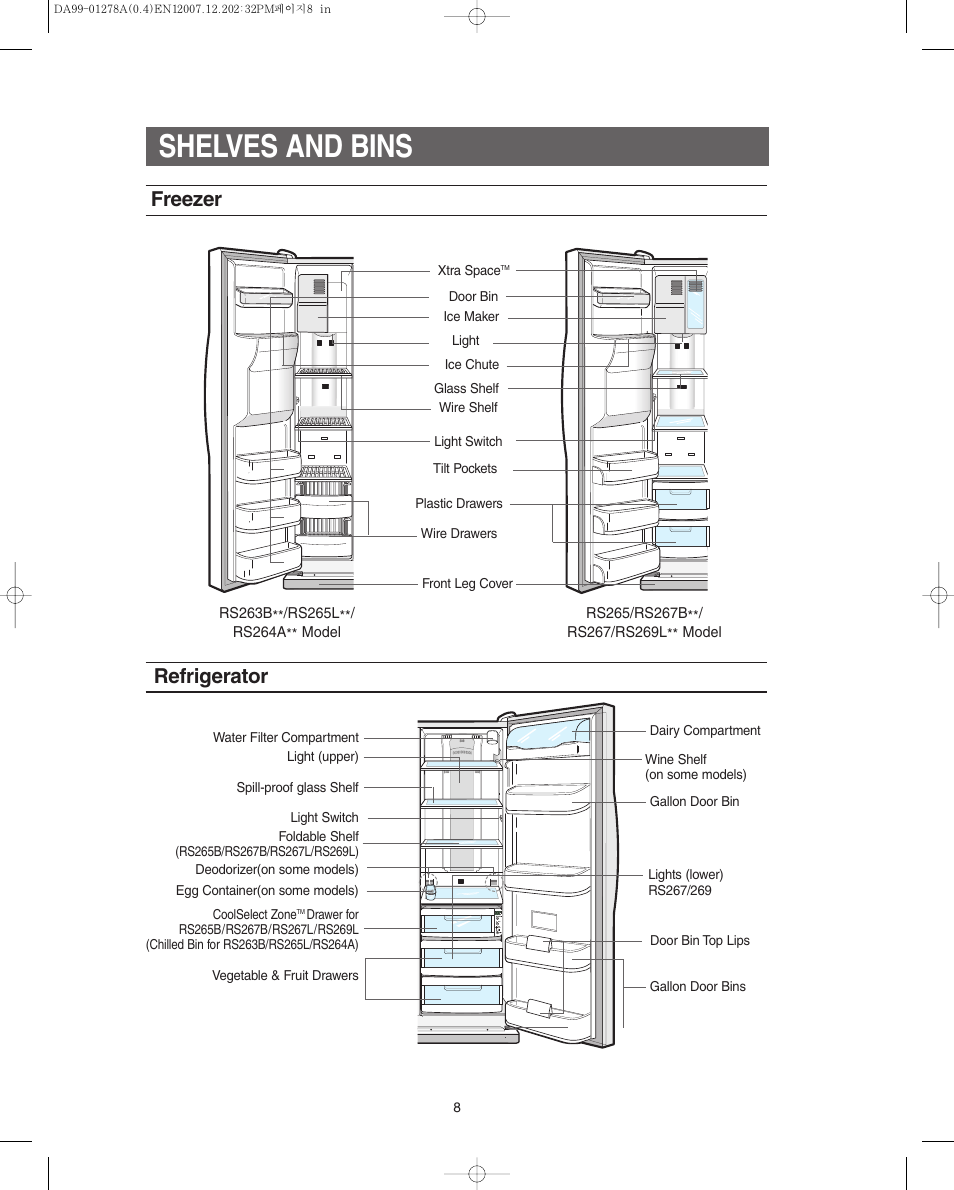 Shelves and bins, Freezer, Refrigerator | Samsung RS267LBSH-XAA User Manual | Page 8 / 32