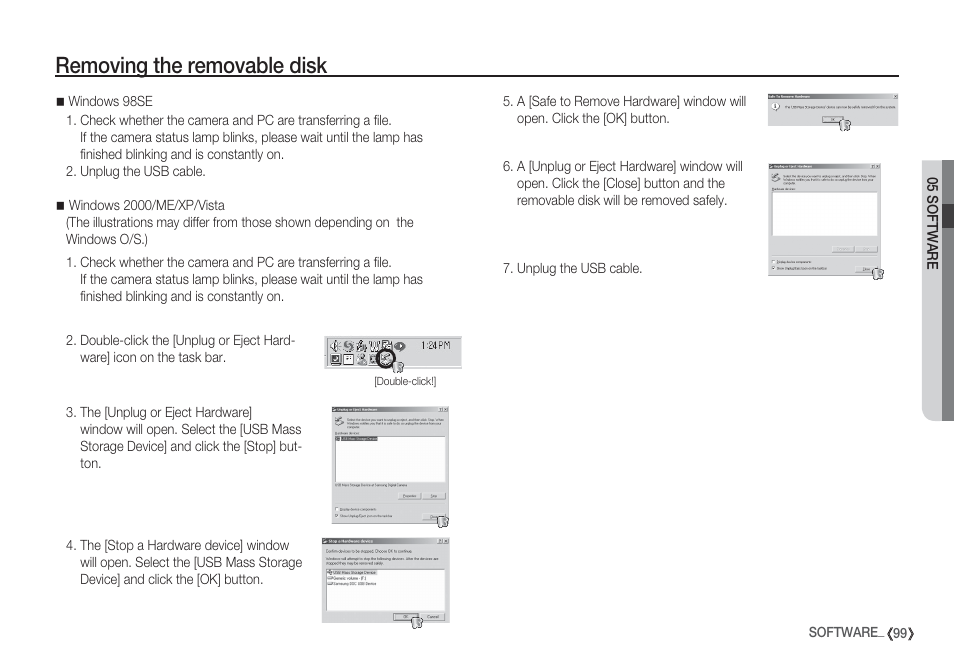 Removing the removable disk | Samsung EC-S85ZZBBA-SP User Manual | Page 100 / 110