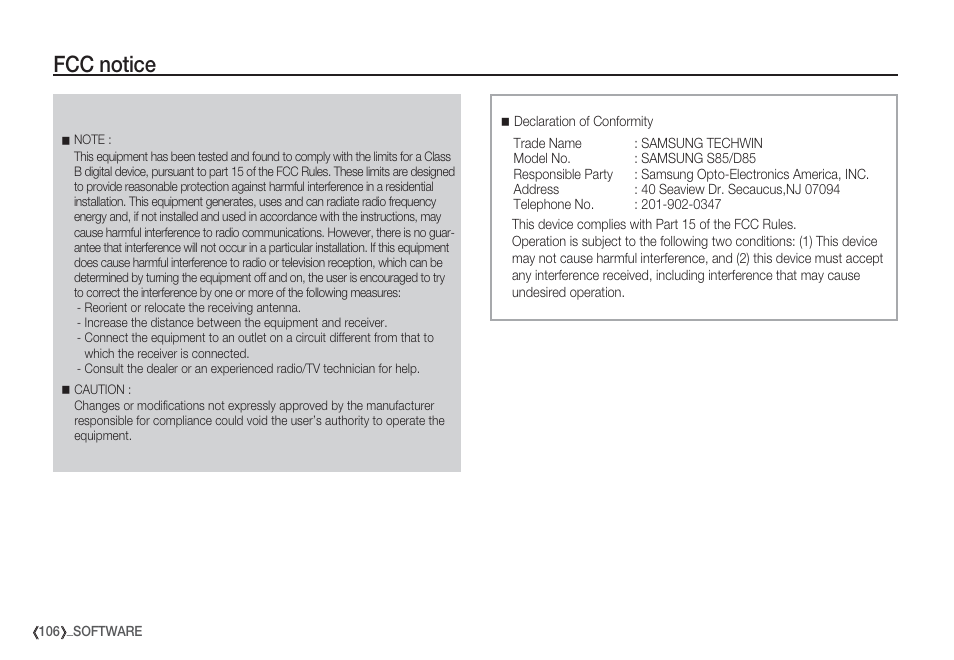 Fcc notice | Samsung EC-S85ZZBBA-SP User Manual | Page 107 / 110