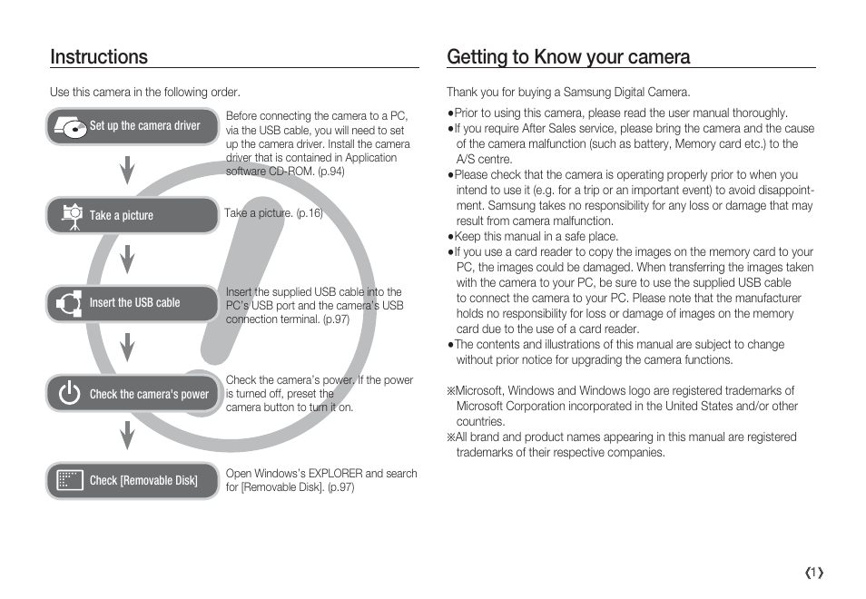 Getting to know your camera instructions | Samsung EC-S85ZZBBA-SP User Manual | Page 2 / 110