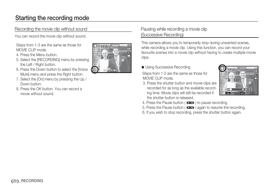Starting the recording mode | Samsung EC-S85ZZBBA-SP User Manual | Page 21 / 110