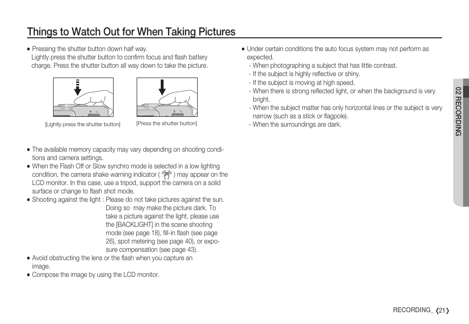 Things to watch out for when taking pictures | Samsung EC-S85ZZBBA-SP User Manual | Page 22 / 110